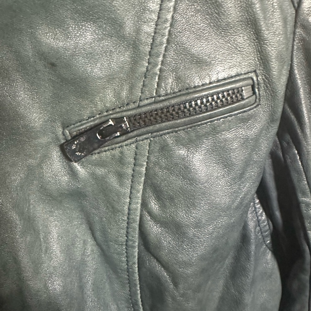 Women's S Leather Jacket Zip Moto Green Distressed - Picture 4 of 8